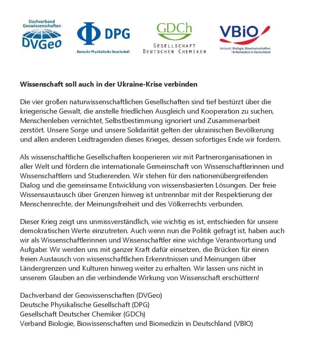 Statement der vier wiss. Gesellschaften zum Ukraine-Krieg